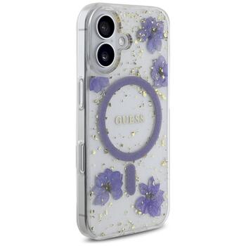 Case Guess Resin Flowers Glitter MagSafe Защитный чехол для iPhone 16 / фиолетовый (GUHMP16SRBFGFGMU)
