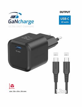 Swissten 3арядное устройство GaN USB-C 20W PD + Kабель для передачи данных USB-C-USB-C 1.2m (22070130)