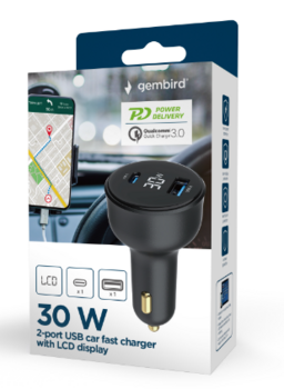 Gembird USB 2-port Automašīnas Lādētājs 30W (TA-UC-AC2PD30LCD-CAR-01)