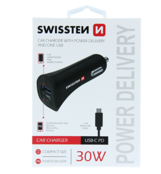 Swissten Power Delivery Auto Lādētājs 12 / 24V / 2.4A / 30W + Micro USB vads 1.5m (SW-CCH-2.4A-30W-B)