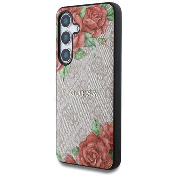 Guess Leather 4G Flowers Print Metal Classic Logo MagSafe Защитный чехол для Samsung Galaxy S25 / розовый (GUHMS25SP4ROPEMCP)