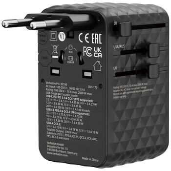 Verbatim Travel Adapter Адаптер EU / UK / US / 2x USB-A / 3x USB-C 70W (30190)