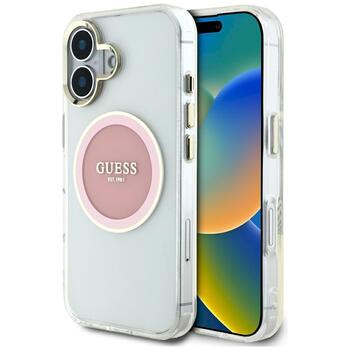 Case Guess IML Metal Colored Circle Classic Logo MagSafe Aizsargapvalks priekš iPhone 16 / rozā (GUHMP16SHTDRCEDP)