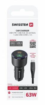 Swissten PD USB-C / USB Automašīnas Lādētājs 63W ar USB-C - USB-C Kabeli 1m (20111910)