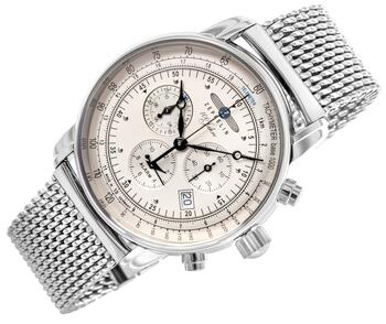 Zeppelin 100 Jahre Quartz Chronograph Vīriešu Pulkstenis 42mm Silver Dial Stainless Steel Mesh Bracelet (7680M-1)