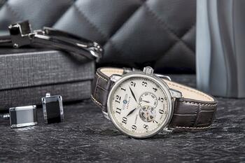 Zeppelin LZ 127 Graf Zeppelin Open Heart Мужские Часы 40mm Silver Dial Dark Brown Leather Strap (7666-5)
