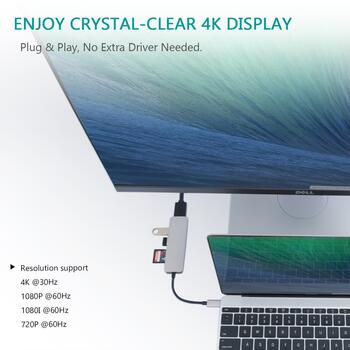 RoGer USB-C Hub 5in1 ar USB 3.0 x2 / HDMI / SD karšu lasītāju / TF karšu lasītāju (RO-5IN1HUB)