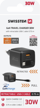 Swissten SlideCHARGE GaN Зарядное устройство 30W USB-A 18W С выдвижным USB-C проводом 0.75m Черный (22070202)