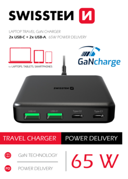 Swissten Desktop GaN Charger Adaperis 2x USB-C / 2x USB / 65W (22057100)