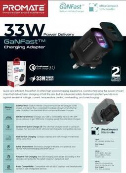 PROMATE PowerPort-33 GaNFast Зарядное устройство 33W / USB-C PD / USB-A (AISPOWERPORT33EUBK)