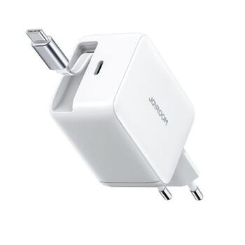 Joyroom JR-TCL06 Travel Charger GaN Fast Charger Type-C Зарядное устройство 67W PD 3.0 QC 5.0 PPS UFCS со встроенным выдвижным кабелем Type-C 0.7m / белый (JR-TCL06-WHT)
