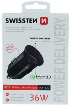 Swissten Metāla Auto Lādētājs ar Power Delivery USB-C + Quick Charge 3.0 / 36W Mobīlajiem telefoniem un Planešetdatoriem (SW-CCH-ME2-QC3.0-PD-36W-BK)