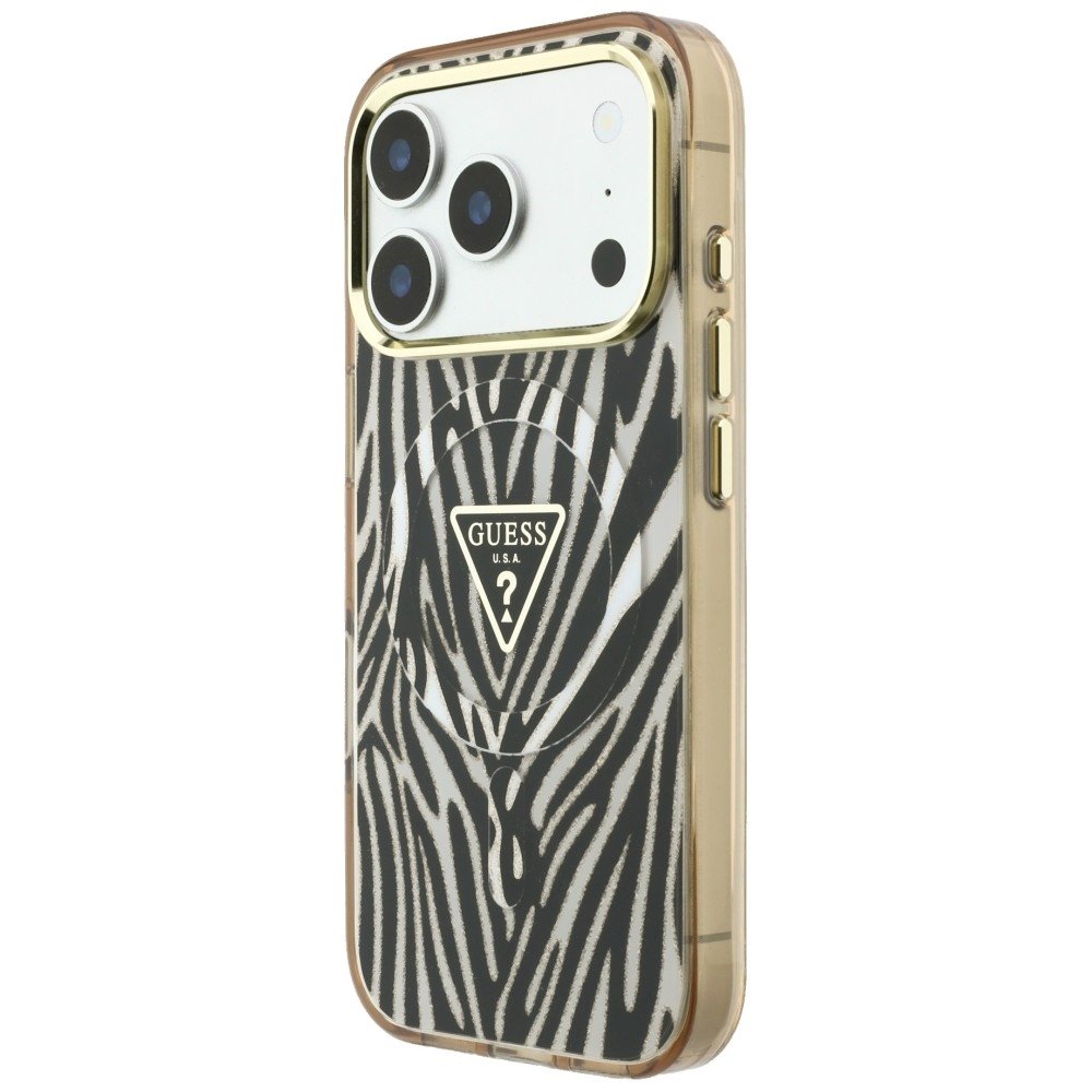 Guess IML Zebra Glitter Triangle Logo MagSafe Aizsargapvalks priekš iPhone 18 Pro Max / iPhone 17 Pro Max / zelts (GUHMP18X6HZPGTLD)