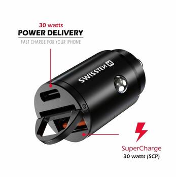 Swissten 30W Nano Metāla Automašīnas Lādētājs ar 30W PD / SCP (20111770)