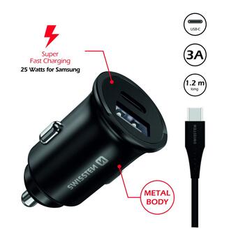 Swissten 35W Metāla Automašīnas Lādētājs ar 25W Samsung SFC + 10W USB (SW-CCH-ME-SFC-25W-BK)