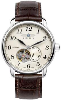 Zeppelin LZ 127 Graf Zeppelin Open Heart Мужские Часы 40mm Silver Dial Dark Brown Leather Strap (7666-5)