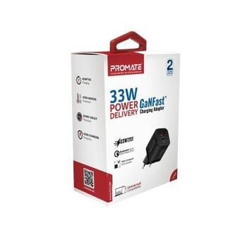 PROMATE PowerPort-33 GaNFast Зарядное устройство 33W / USB-C PD / USB-A (AISPOWERPORT33EUBK)
