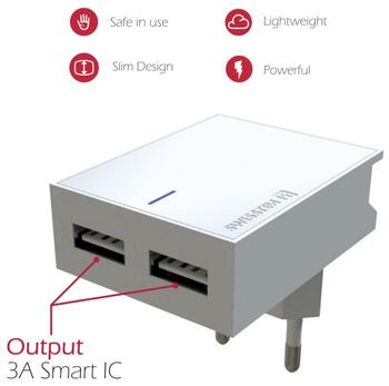 Swissten Smart IC Tīkla Lādētājs 2x USB 3А / 15W Ar Micro USB vadu 1.2m (SW-DET-2.1AWCM-WH)