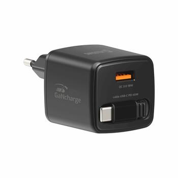 Swissten SlideCHARGE Tīkla Lādētājs GaN 45W USB-A 18W Ar ievelkamu USB-C vadu 0.75m melns (22071340)