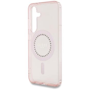 Case Guess Rhinestones Printed Classic Logo MagSafe Защитный чехол для Samsung Galaxy S25 / розовый (GUHMS25SPFTDTEP)
