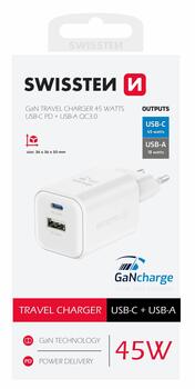 Swissten Travel 3арядное устройство GaN USB-C / PD USB-A / 18W QC / 45W (22071300)
