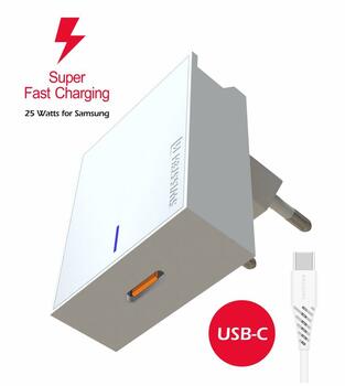 Swissten 25W Samsung Super Fast Charging lādētājs ar 1.2 m USB-C uz USB-C kabelis (SW-SAM-SFC-W)