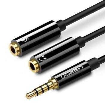 UGREEN AV141 Cable Adapter Adaptera kabelis 3.5mm 4pin male - 2x3.5mm female (headphones + microphone) 0.2m / melns (UG-30620)