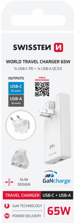 Swissten Travel Charger GaN USB-C / USB Сетевое зарядное устройство 65W (22071420)