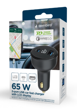 Gembird USB 2-port Auto Lādētājs 65W (TA-UC-AC2PD65LCD-CAR-01)