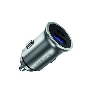Swissten 36W Metāla Auto Lādētājs ar Power Delivery USB-C + Quick Charge 3.0 Mobīlajiem telefoniem un Planešetdatoriem (SW-CCH-ME2-QC3.0-PD-36W-S)
