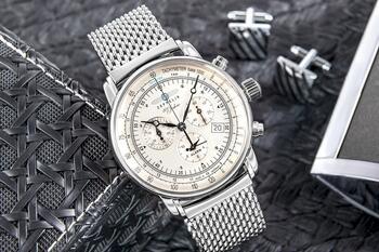 Zeppelin 100 Jahre Quartz Chronograph Vīriešu Pulkstenis 42mm Silver Dial Stainless Steel Mesh Bracelet (7680M-1)