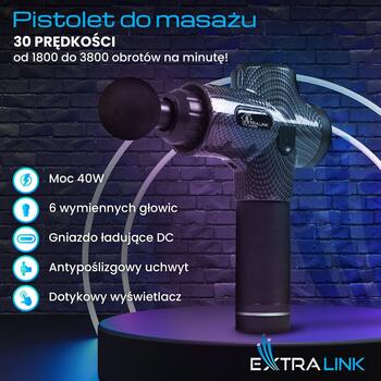 Extralink Massage Gun Pro Массажный пистолет / 3800 об/мин / 6 сменных насадок (MSG-01-PRO)