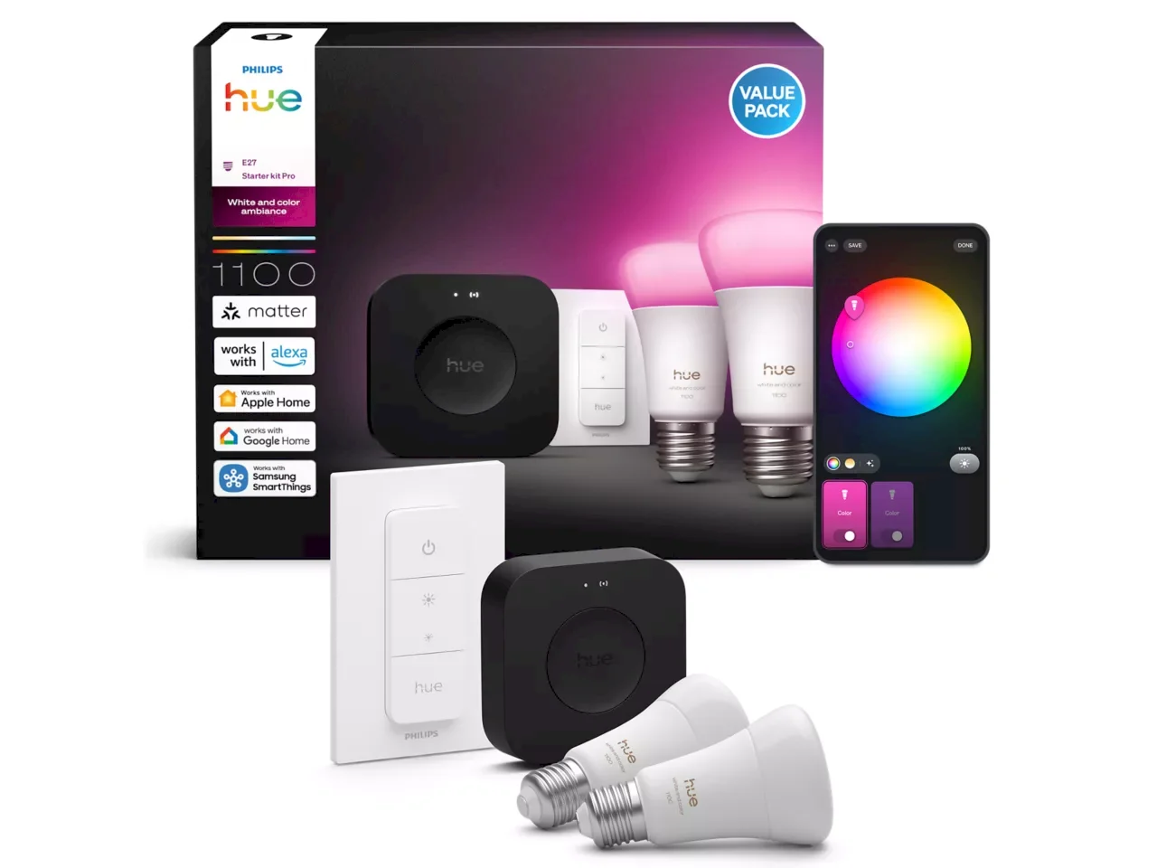 Philips Hue Bridge Pro + 2 x E27 + регулятор яркости Набор для умного освещения (8720169374683)