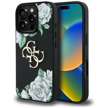 Guess Grained Roses Big 4G logo Aizsargapvalks priekš iPhone 16 Pro Max / melns (GUHCP16XPGROP4MK)