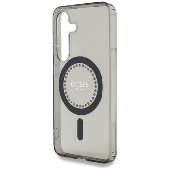 Case Guess Rhinestones Printed Classic Logo MagSafe Aizsargapvalks priekš Samsung Galaxy S25 / melns (GUHMS25SPFTDTEK)