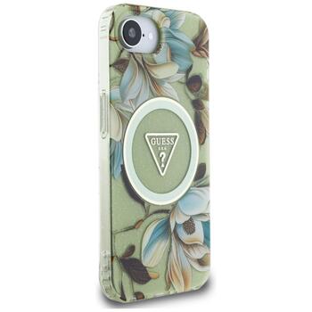 Case Guess IML Metal Glitter Flowers Triangle MagSafe Защитный чехол для iPhone 16e / 17e / зелёный (GUHMPSE4HFLPEDN)