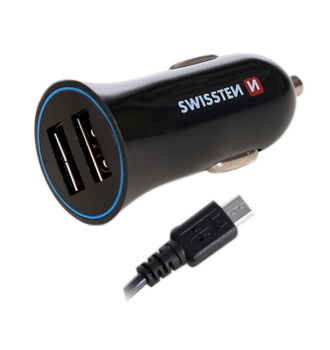 Swissten Auto Lādētājs 12V - 24V / 1A + 2.1A un Micro USB vads 1.5m (SW-CCH-2.4AX2-B)