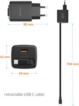 Swissten SlideCHARGE GaN Зарядное устройство 30W USB-A 18W С выдвижным USB-C проводом 0.75m Черный (22070202)