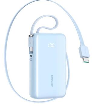Joyroom JR-PR2L Power Bank с цифровым дисплеем C+U+U PD 35W Зарядная батарея 10000 mAh со встроенным выдвижным кабелем-ремешком 2x Type-C 0.7m / синий (JR-PR2CC-BLU)