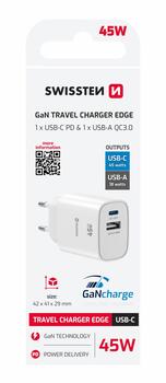 Swissten Edge GaN Tīkla Lādētājs USB-C PD 45W + USB-A 18W QC (22071718)