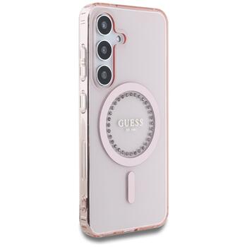 Case Guess Rhinestones Printed Classic Logo MagSafe Защитный чехол для Samsung Galaxy S25 / розовый (GUHMS25SPFTDTEP)