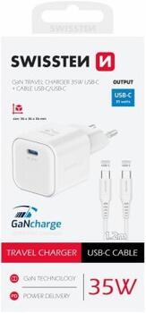 Swissten 3арядное устройство GaN USB-C 35W PD + Kабель для передачи данных USB-C - USB-C 1.2m (22070220)