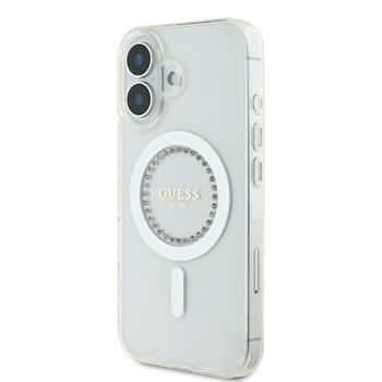 Guess IML Rhinestones Ring MagSafe Case Aizsargapvalks priekš iPhone 16 / balts (GUHMP16SPFTDTEH)