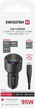 Swissten PD 2x USB-C / USB Automašīnas Lādētājs 95W ar USB-C - USB-C Kabeli 1m (20111912)