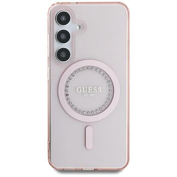 Case Guess Rhinestones Printed Classic Logo MagSafe Защитный чехол для Samsung Galaxy S25 / розовый (GUHMS25SPFTDTEP)