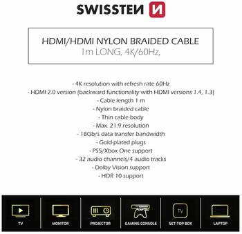Swissten HDMI uz HDMI 4K Vads 1m (75501101)