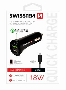 Swissten Quick Charge 3.0 Auto Lādētājs 12 / 24V / 2.4A / 18W + Micro USB vads 1.5m (SW-CCH-2.4A-18W-B)
