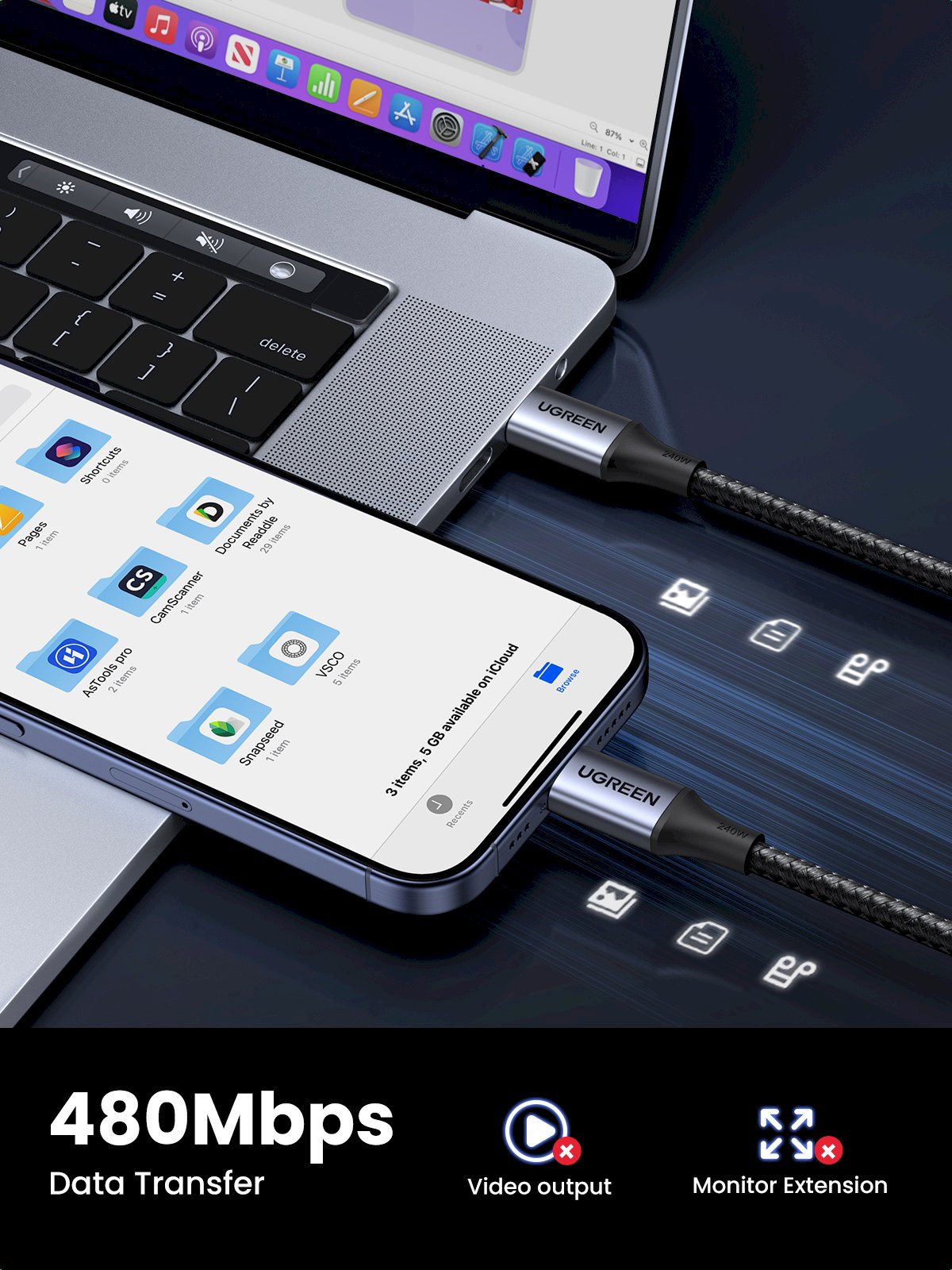 UGREEN 15311 USB-C uz USB-C uzlādes kabelis 240W 1m 4.8 Gbit/s / pelēks (UG-15311)