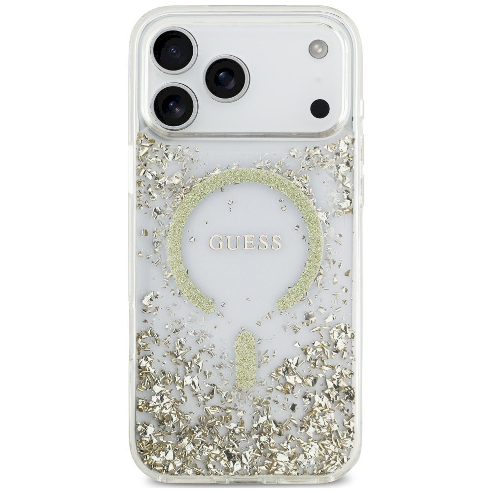 Guess Resin Bottom Glitter MagSafe Case Aizsargapvalks priekš iPhone 18 Pro Max / iPhone 17 Pro Max / zelta (GUHMP18XRGRGED)