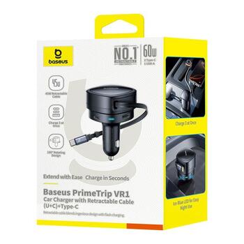 Baseus PrimeTrip VR1 Auto lādētājs 60W USB-A USB-C ar ievietojamu USB-C kabeli / melna (C00069001121-00)
